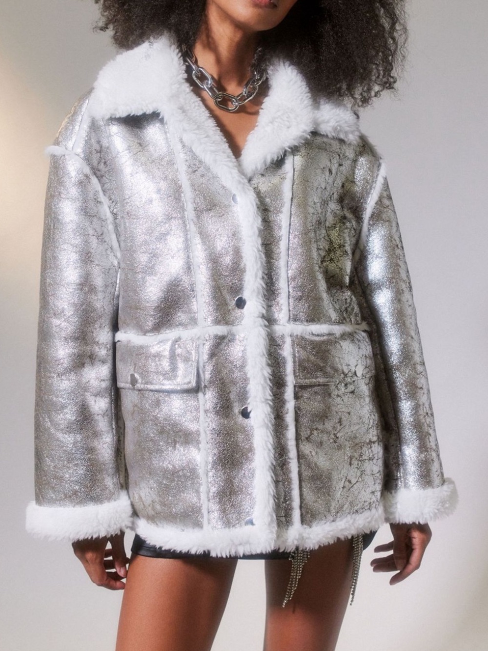 Urban Outfitters Silver Faux-Shearling Jacket with White Trim